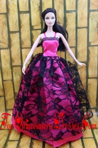 Gorgeous Hot Pink and Black Lace Gown For Barbie Doll