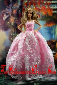 New Embroidery Fashion Princess Pink Dress Gown For Barbie Doll