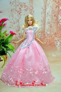 Pink Lovely Party Dress For Barbie Doll Dress With Embroidery