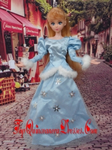 Cute Baby Blue Scoop Long Sleeves Appliques Made to Fit the Barbie Doll