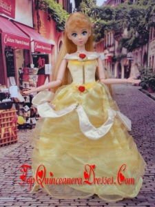 Cute Yellow Scoop Hand Made Flowers Barbie Doll Dress