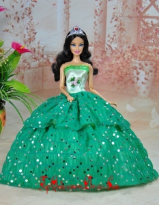 Elegant Ball Gown Green Strapless Hand Made Flowers Party Clothes Fashion Dress for Noble Barbie