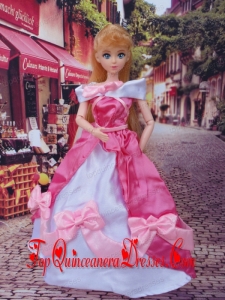 Lovely Bowknot Red and White Off The Shoulder Dress Gown For Barbie Doll
