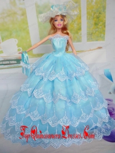 Luxurious Baby Blue Party Clothes for Noble Barbie Doll Tulle
