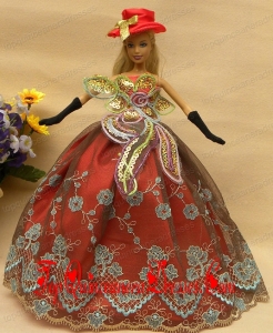 Pretty Appliques Rust Red Strapless Party Clothes Fashion Dress for Noble Barbie