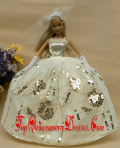 Roamntic Champagne Straps Ball Gown Appliques Wedding Dress For Barbie Doll