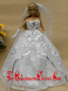Romantic Appliques White Strapless Wedding Dress For Barbie Doll