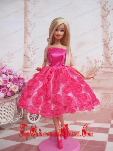 Sweet Ball Gown Hot Pink Hand Made Flowers With Tea-length Made to Fit the Barbie Doll