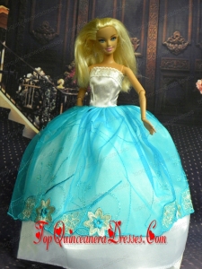 White and Blue Ball Gown Appliques Made to Fit the Barbie Doll