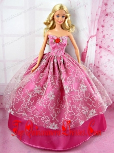 Beautiful Red Party Tulle Clothes Fashion Dress Hot Pink for Noble Barbie Doll