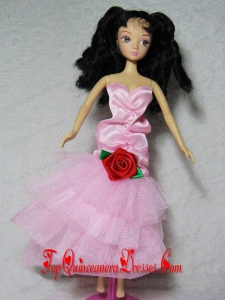 Elegant Pink Dress With Flower Tea-length For Barbie Doll