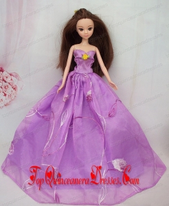 Hand Made Flower Embroidery Lavender Princess Party Clothes Gown For Barbie Doll Dress