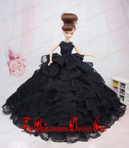Luxurious Black Lace With Ruffled Layeres Party Dress For Barbie Doll