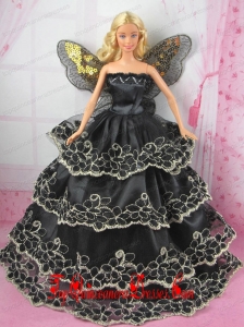 Luxurious Black Strapless Lace Ruffled Layeres Party Clothes Fashion Dress for Noble Barbie