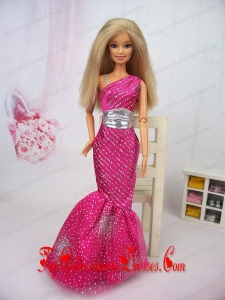Luxurious Mermaid Asymmetrical Hot Pink Beaded Over Skirt Party Clothes Fashion Dress For Noble Barbie