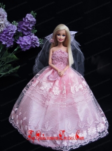 Romantic Baby Pink Strapless Lace Fashion Wedding Dress for Noble Barbie