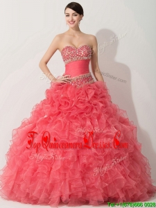 Princess Coral Red Quinceanera Dresses with Beading and Ruffles