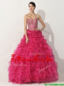 Visible Boning Hot Pink Quinceanera Dresses with Beading and Ruffles for 2016