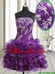 2017 Pretty Strapless Organza Purple Short Dama Dress with Beading and Ruffled Layers