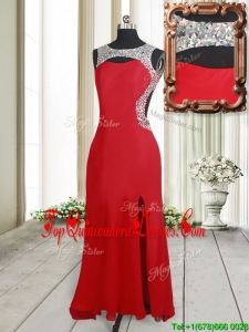 Affordable Beaded Decorated Scoop Elastic Woven Satin Dama Dress with High Slit