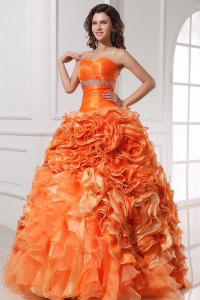 Sweetheart Beading and Rolling Flowers A-line Orange Quinceanera Dress