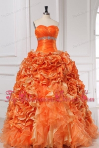 Beading and Rolling Flowers Sweetheart Quinceanera Dress in Orange