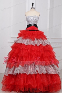 Red and White Strapless Beaded Decorate Organza Quinceanera Dress