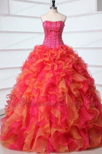 Strapless Red and Orange Red Quinceanera Dress with Beading and Ruffles