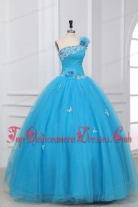Appliques and Hand Made Flowers One Shoulder Quinceanera Dress in Aqua Blue