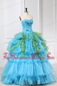 Appliques and Ruffles Organza Aqua Blue Long Quinceanera Dress