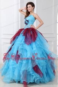 Aqua and Wine Red Strapless Beading and Ruche Quinceanera Dress