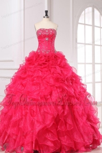 Beading and Ruffles Strapless Organza Quinceanera Dress in Coral Red