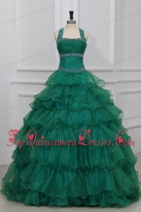 Green Halter Top Beading and Ruffles Layered Quinceanera Dress