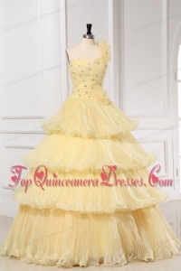 Light Yellow One Shoulder A-line Quinceanera Dress with Beading and Pleats