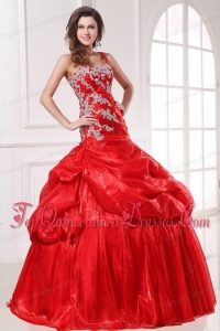 One Shoulder Red Organza Long Quinceanera Dress with Appliques