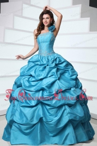 Beading and Pick-ups One Shoulder Teal Taffeta Quinceanera Dress