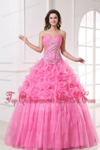 Rose Pink Sweetheart Appliques and Rolling Flowers Quinceanera Dress