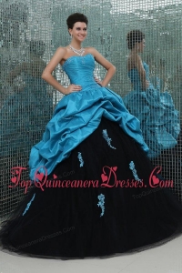 Teal and Black Sweetheart Appliques Full Length Quinceanera Dress