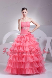 Appliques and Ruffles Layered Strapless Watermelon Quinceanera Dress