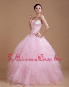 Beading and Ruffles Strapless Organza Quinceanera Dress in Baby Pink