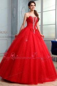 Strapless Beaded Decorate Fill Length Quinceanera Dress in Red