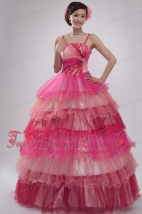 Straps Beading and Ruffles Layered Quinceanera Dress in Pink