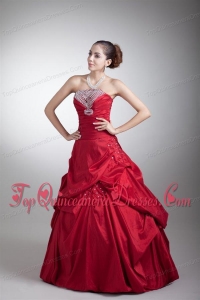Wine Red A-line Strapless Taffeta Quinceanera Dress with Beading