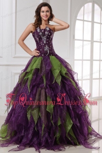 Green and Purple Strapless Rhinestone Quinceanera Dress with Organza