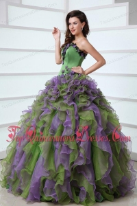Multi-color Strapless Appliques and Ruffles Quinceanera Dress with Organza