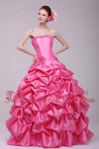 Rose Pink Strapless Hand Made Flowers and Pick-ups Quinceanera Dress