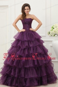Strapless Beading and Ruffles Layered Quinceanera Dress in Dark Purple