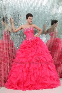 Sweetheart Beading and Ruffles Organza Coral Red Quinceanera Dress