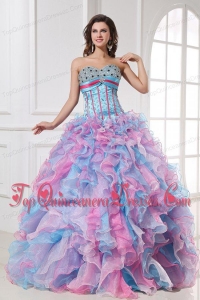 Sweetheart Beading and Ruffles Organza Quinceanera Dress in Multi-color