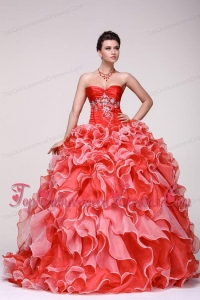 Sweetheart Beading and Ruffles Organza Quinceanera Dress in Red